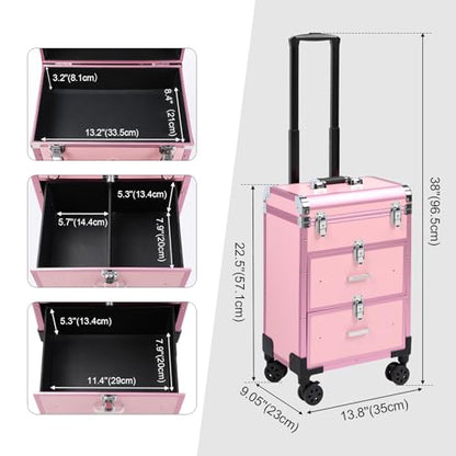 3 in 1 Rolling Makeup Case, Professional Cosmetology Case on Wheels, Detachable Clear Makeup Bag & Nail Polish Organizer, Portable Makeup Trolley with Drawers for Makeup Artists & Nail Technicians - color: Pink