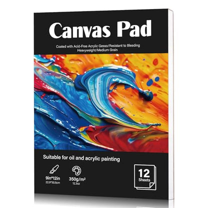 12 Sheets Canvas Paper Pad 9”x12”, 350 GSM Canvas Sheets Glue Bound Canvas Sketchbook for Adults and Students - Acrylic Painting, Oil Painting - size: 9”x12”