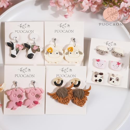 Puocaon Farm Animal Clay Cutters - 14 Pcs Cute Animal Clay Cutters for Polymer Clay Jewelry, Highland Cow Print Pig Clay Earring Cutters, Mini Stud Earring Sheep Chicken Polymer Cutter