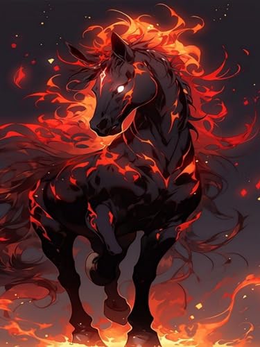 Adult horse diamond painting art set, beginner's fire horse diamond painting , 5D DIY animal diamond dot painting set, complete round diamond jewelry piece, home decoration item, size 12x16 inches. - color: Orange