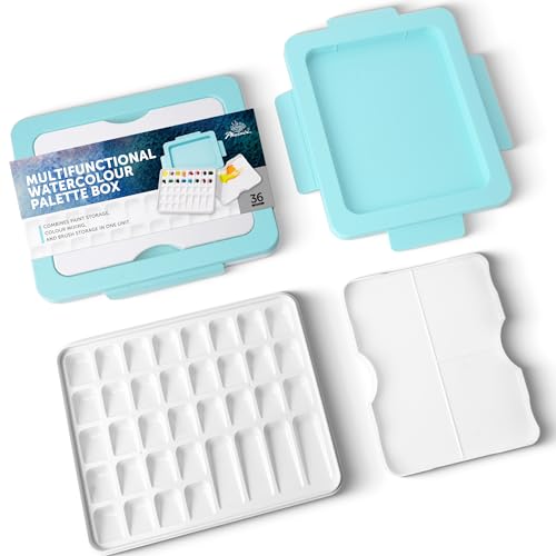 PHOENIX Watercolor Palette Box - 36 Well Large Empty Paint Palette with Lid and 3 Mixing Areas Palettes for Water Color, Gouache, Acrylic & Water Based Paints 12x10 Inch