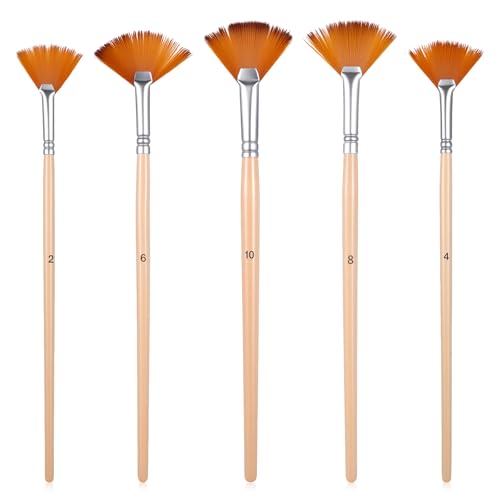 5 Pcs Fan Brush for Painting, Artist Fan Paint Brushes Set Anti-Shedding Acrylic Paint Brushes Long Wood Handle Painting Brush for Acrylic Oil Watercolor Gouche