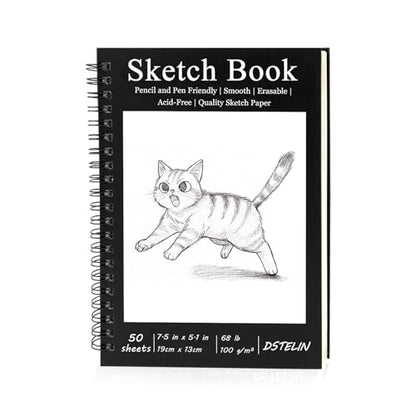 DSTELIN 7.5 x 5.1 Inch Sketch Book, 50 Sheets,100gsm, Spiral Bound Black Hardcover with Black Cover, Ideal for Sketching and Drawing