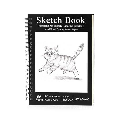 DSTELIN 7.5 x 5.1 Inch Sketch Book, 50 Sheets,100gsm, Spiral Bound Black Hardcover with Black Cover, Ideal for Sketching and Drawing