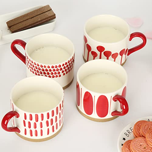 Koja 16 oz Premium Hand Painted Porcelain Ceramic Mug Set, Large Coffee & Tea Mugs, Elegant Decorative Durable Stoneware Microwave Safe Drinkware for Home Kitchen, 4-Pack - size: 16 oz Red