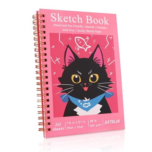 DSTELIN 7.5 x 5.1 Inch Sketch Book, 50 Sheets,100gsm, Spiral Bound Black Hardcover with Red Cover, Ideal for Sketching and Drawing