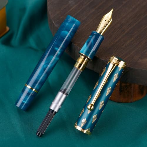 Hongdian N8S Blue Peacock Fountain Pen, Iridium Medium Nib with Converter and Metal Pen Case Set - color: Blue Peacock, style: Medium Point
