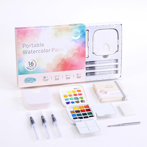 Watercolor Paint, Mini Travel 16-Color Solid Watercolor Kit with Tear-Off Pad, 3 Water Brush Pens & Mini Metal Brush, Portable Art Set, Classic Colors for Adult Beginners, Journaling, and Sketching - color: Black