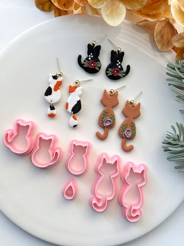 Cute Cat Shaped Clay Earring Cutters Set, Assorted Designs (Calico Cat, Floral Cat), Professional Clay Molds for Handmade Pet Lover Crafts