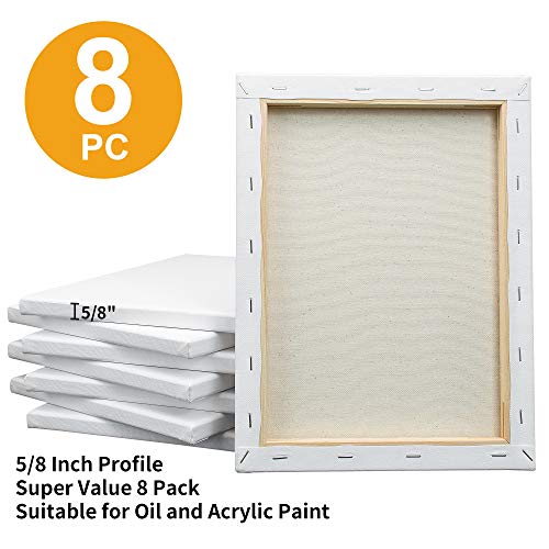 FIXSMITH Stretched White Blank Canvas - 9x12 Inch, Bulk Pack of 8, Primed,100% Cotton, 5/8 Inch Profile of Super Value Pack for Acrylics,Oils & Other Painting Media. - size: 9"x12"