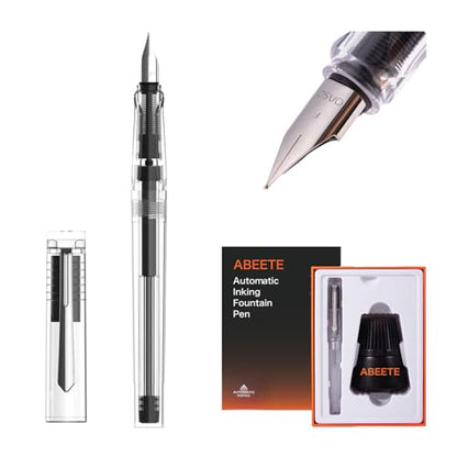 Self-Inking Fountain Pen Set, Auto Ink Refill No Cartridges or Converter Needed, Includes Black Bottled Ink, Clear Barrel, Chrome Trim, Fine Nib-Smooth Writing, Journaling, Calligraphy