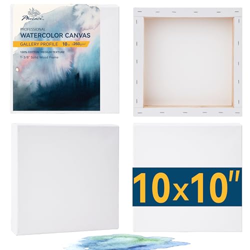 PHOENIX Gallery Depth Watercolor Canvas - 10x10 Inch/4 Pack, 1.5 in Deep 100% Cotton Water Color Square Canvases for Painting, 260g Medium Texture Canvas for Water Based Paints - size: 10"x10", style: Gallery Canvas