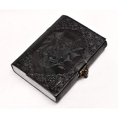 AzureGreen DOUBLE DRAGON Blank Page BOOK Handcrafted Leather Writing Unlined 5 x 7 JOURNAL - color: Royal Black