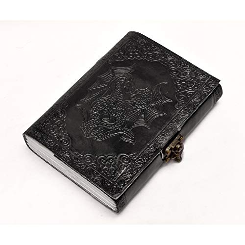 AzureGreen DOUBLE DRAGON Blank Page BOOK Handcrafted Leather Writing Unlined 5 x 7 JOURNAL - color: Royal Black