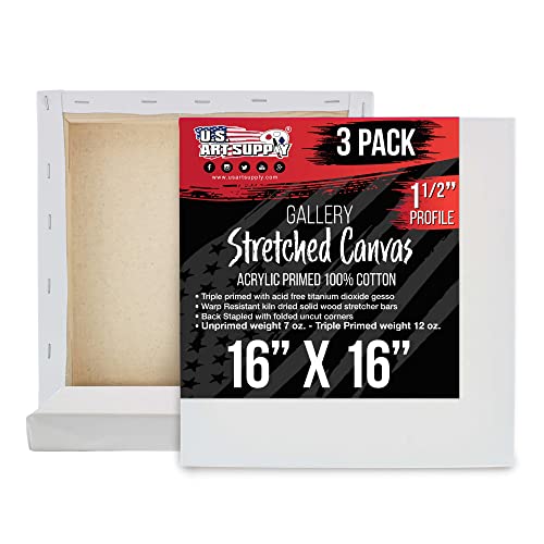 U.S. Art Supply Large Stretched Canvas for Painting 16x16 inch Gallery Depth 1-1/2" Thick, 3-Pack - 12oz Acrylic Gesso Triple Primed, Professional Artist Quality, 100% Cotton - Oil, Pouring Paint - size: 16" x 16"