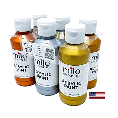 milo Metallic Acrylic Paint Set of 6 Colors | 4 oz Bottles | Student Metallic Colors Acrylics Painting Pack | Made in the USA | Non-Toxic Arts & Crafts Paints for Artists & Hobby Painters - style: Metallic Set 6 x 4 oz