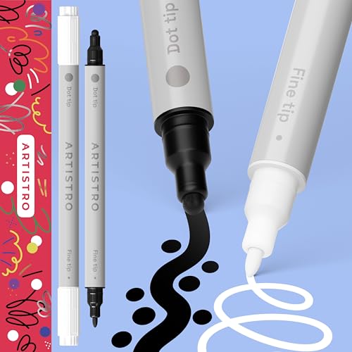 ARTISTRO 2 White & Black Dual-Tip Acrylic Paint Pens - Multisurface Markers for Glass, Rock, Fabric, Wood, Plastic & More - 5mm Dot + 1mm Fine Tips - color: Black&White, style: Dual Tip Dot + Fine