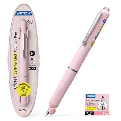 WRITECH Left Handed Fountain Pen: Fine Nib Retractable Style Black Ink Set Includes 5 Ink Cartridges Smooth Writing for Calligraphy Journaling Office Gift - color: Pink