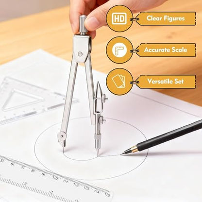 7Pcs Math Geometry Set - Ruler, Triangle, Protractor & Compass Kit, Clear Plastic Drawing Tools for School, Office, Math Class & Art Drafting