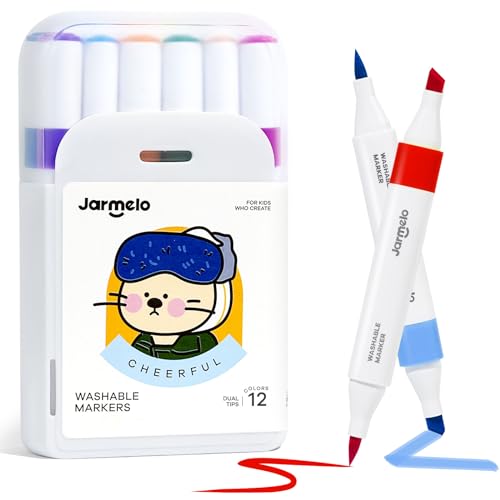 Jar Melo Washable Dual Tip Markers for Kids Ages 4-8, Brush & Chisel Tip, Water-Based Coloring Markers, Double-Tipped 12 Colors Marker Set with Storage Case, School Art Supplies for Boys & Girls - style: 12 Colors
