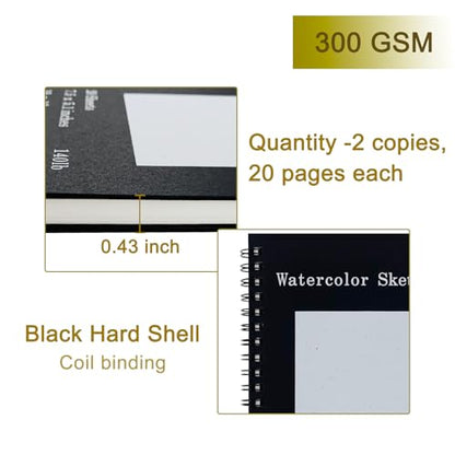 Set of 2, Each with 20 Sheets, 7.5 x 5.1 Inches, 140 lb Cold Press Watercolor Paper, 1150 GSM Black Hard Cover, Spiral Bound, White Pages for Drawing and Painting