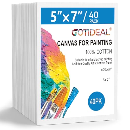 GOTIDEAL Bulk Canvases for Painting, 5 x 7 inch Value Pack of 40, Gesso Primed White Blank Canvas Boards - 100% Cotton Art Supplies Canvas Panel for Acrylic Paint, Pouring, Oil Paint, Gouache - size: 5x7 inch