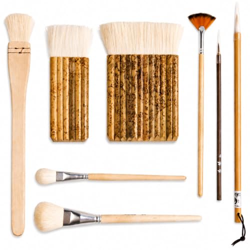 Set of 8 Pottery Glaze Brushes Tools, Wool Soft Bristle for Ceramic Glazing Acrylic Watercolor Oil Painting, Mop, Hake, Sumi, Fan, Fine Brush for Clay Wheel Kiln Blending Art Supplies - color: 8pcs