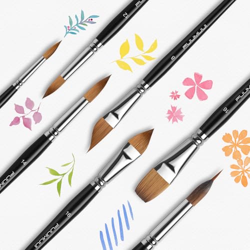 Watercolour Brushes Set, Fuumuui 7PCS Professional Kolinsky Sable Paint Brush with Patented Extended Points Design, Round, Flat, Oval, Mop for Fine Detail, Gouache, Ink, Watercolour Painting - color: Black6