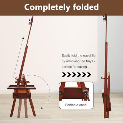 Large Wooden H-Frame Studio Easel with Storage Drawer and Palettes, Solid Beechwood Painting Easel for Students, Beginners, and Artists, Hold Canvas to 36Inches High, Walnut - style: Side Trays Walnut