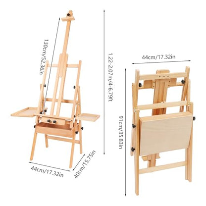Wooden H-Frame Studio Easel with Storage Tray and Shelf, Adjustable Height and Angle, Sturdy Beechwood Canvas Holder Stand - Floor Wooden Easel Stand for Painting
