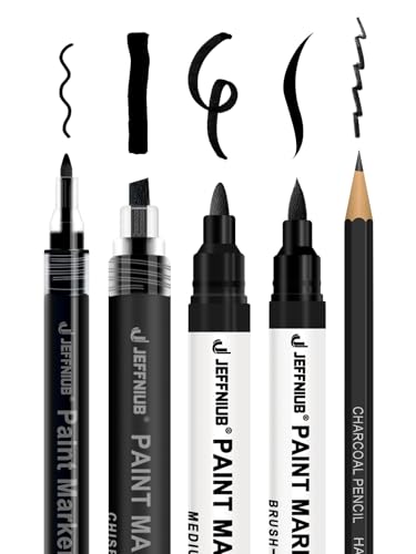 5 Black Paint Pens - Fine Tip, Brush Tip, Round Tip, Chisel tip & Pencil Point Pens, Black Acrylic Paint Markers for Rock Painting, Wood, Metal, Fabric, Canvas, Highlighting, Sketching