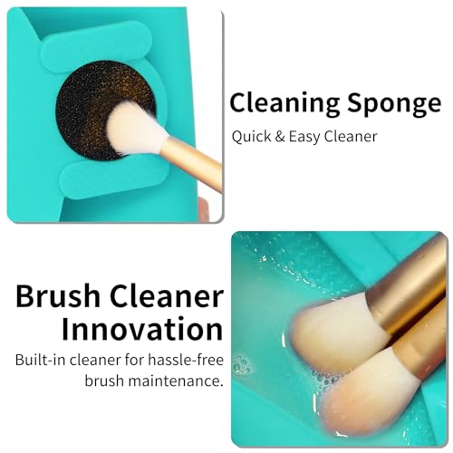 Travel Makeup Brush Holder with Cleaning Pad -Silicone Brush Organizer Case, Magnetic Closure Waterproof Cosmetic Bag for Easy Storage & On-the-Go Cleaning (9.05 Inch) - color: Ocean Blue