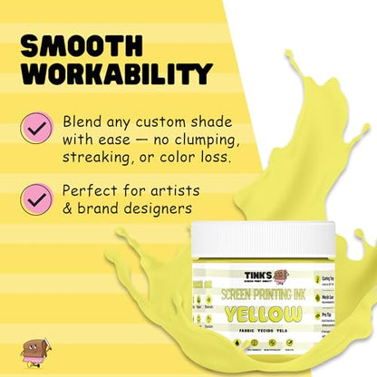 Tinks Screen Printing Ink - Yellow - 8oz. Water-Based Fabric Ink - Screen Printing, Stenciling, Tote Bags & Fabric Stamping - Non-Toxic, No Harsh Fumes, Soap & Water Cleanup - Made in California - color: Yellow