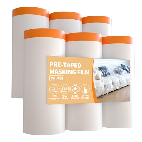 Drop Cloth for Painting, 35”x 65’(6 Rolls), Painters Plastic Roll | Pre-taped masking film, clear plastic tarp waterproof, carpet & window coverings, wall/door/car/automotive paint, dust-proof - size: 35in x 65Ft