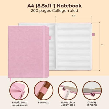 Classic Lined Journal Notebook 8.5x11" A4 Hardcover Leather - Pink - 200 Pages College Ruled Large with Sticky Tabs, Pockets, and Pen Loop for Writing and Journaling - Big Hardback Men and Women - color: Pink, size: A4 200 Pages