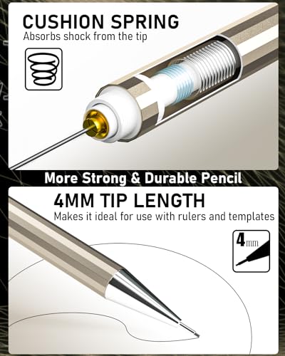 Nicpro 34PCS Art Mechanical Pencil Set, Metal Drafting Pencil 0.3 mm & 0.5 mm & 0.7 mm & 0.9 mm & 2PCS 2mm Lead Holder (6B 4B 2B HB 2H 4H Colors) For Sketching Drawing With 19 Tube Lead Refills Case - color: Champagne 34