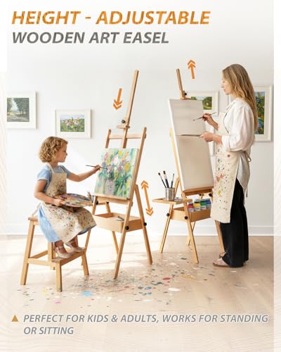 Foldable & Adjustable Art Easel with Storage Drawer Trays, Beech Wooden Easel Stand for Painting,H Frame Artist Easel for Painting Easel for Adults,Wood Easel Stand for Artist Students Studio - style: Upgraded Easel