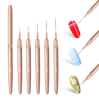 Komall Metallic Nail Art Brushes, 5Pcs Liner Brush Set, UV Gel Polish Painting Art Design Pen for Long Lines, Thin Details, Fine Drawing Sizes 4/8/12/20/25mm(Champagne Gold) - color: Champagne Gold