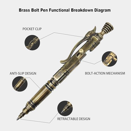 Vintage Bolt Action Pen: Heavy-Duty EDC Brass Ballpoint Pen with Retractable Mechanism and Pocket Clip - Refillable, Designed for Smooth Writing - style: Vintage bolt pen