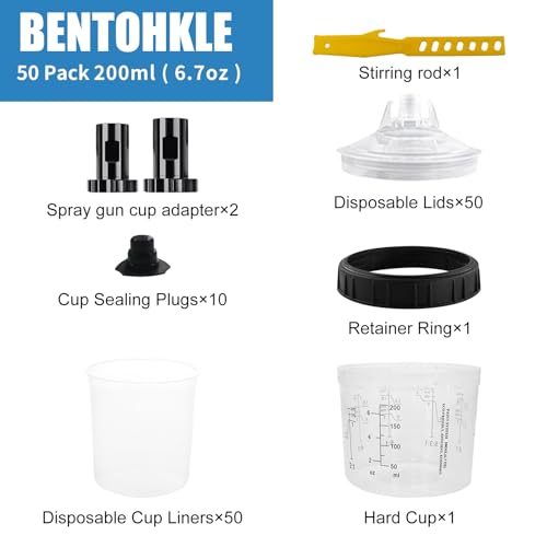 Disposable Paint Spray Gun Cup 50 Pack 6.7 Ounce(200ML) Disposable Mixing Cups for Automotive Spray Gun with 50 Liners and Lids System, with Retainer Ring, 10 Plugs, 2 Adapters for Paint Gun - size: 6.7 Ounce- 50pack