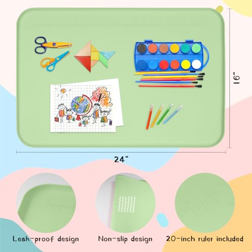 Silicone Painting Mat with Raised Sides, 24" x 16" Playdoh Art Mat | Food-Grade Silicone Art Mat for Crafts, Protects Table From Spills, Stains, Paint Mats for Clay, Jewelry-Making, Painting - color: Green