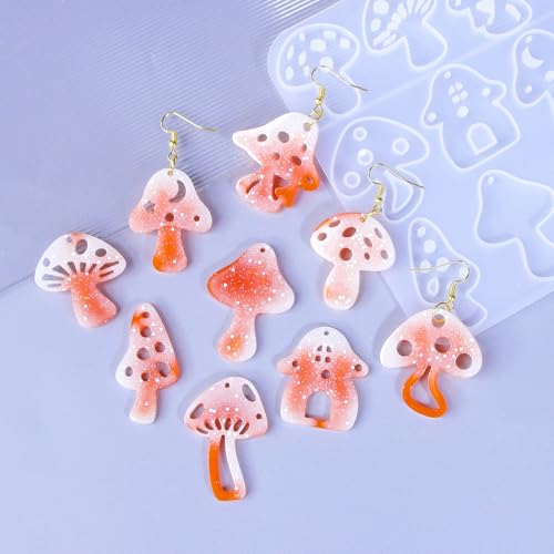 Rifanda Earring Resin Molds with Hole, 3 PCS Mushroom-Shaped Earrings Mold with 20 Pairs Earring Hooks & Studs, Silicone Jewelry Molds for Epoxy Resin for DIY Pendant Keychain Jewelry Making