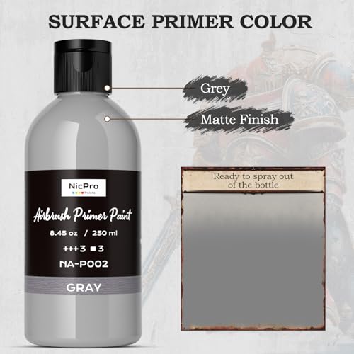 Nicpro Grey Surface Primer Airbrush Paint (8.4oz, 250 ml), Matte Finish, Ready To Spray Air Brush Water-Based Acrylic Primer for Beginners & Artists Priming Plastic Models, Miniatures, Figures, Craft - color: Grey, size: 8.45 Fl Oz (Pack of 1)