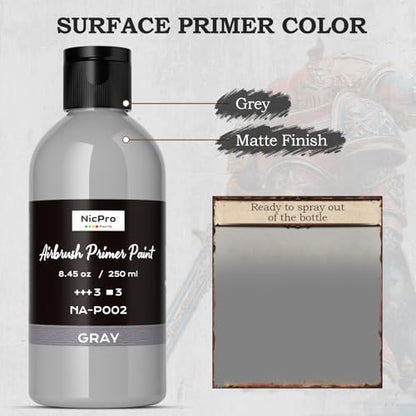 Nicpro Grey Surface Primer Airbrush Paint (8.4oz, 250 ml), Matte Finish, Ready To Spray Air Brush Water-Based Acrylic Primer for Beginners & Artists Priming Plastic Models, Miniatures, Figures, Craft - color: Grey, size: 8.45 Fl Oz (Pack of 1)