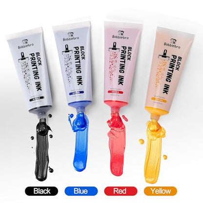Bobblebro Linoleum Blocks for Printmaking, Stamp Making Carving Linocut Kit for Kids DIY Gift, Rubber Stamp Carving Screen Printing Kit with 4 Colors Block Printing Ink, Rubber Block, Linocut Tools