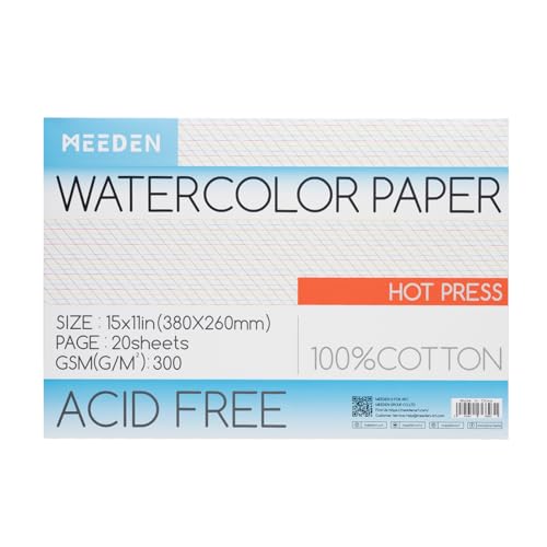 MEEDEN Watercolor Paper Block - 100% Cotton Watercolor Paper Pad of 20 Sheets, 140lb/300gsm, Acid-Free Art Paper for Watercolor Gouache Ink and More, 15" x 10" Hot Press - color: Hot Press, size: 10×15"