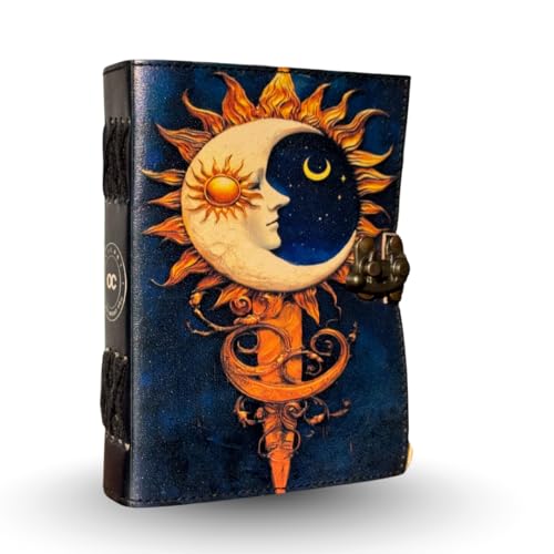 Oficart Handmade Leather Journal – Vintage Diary with Antique Lock & Eco-Friendly Cotton Paper | Celestial Notebook for Writing, Sketching, Travel, Art, Poetry, Spiritual & Gift Use (Sun & Moon) - color: Sun & Moon