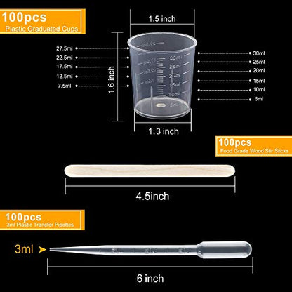 Coopay Plastic Graduated Cups Tools - 100 Pack 30ml/1oz Transparent Scale Measuring Cups,100 Pack Wooden Stirring Sticks and 3ml Transfer Pipettes for Resin, Epoxy, Stain, Mixing Paint - size: 100pcs