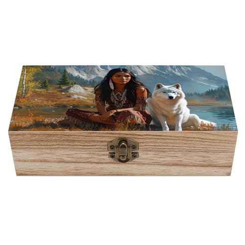 Native American Woman & Wolf Wooden Storage Box 7.9×3.9×2.3 Inch with Hinged Lid - Vintage Natural Wood Keepsake Trinket Storage Organizer Gift Box for Crafts Art Hobbies And Home Decoration Gift - color: Native American Woman & Wolf