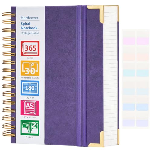 Spiral Notebook, 365 Page Hardcover Leather Notebook Journal, Large A5 Lined Journal for Women Men, College Ruled Notebooks for Work School, Journals for Writing, 24pcs Index Tabs, 5.5" x 8.5", Purple - color: Purple, size: 5.5" x 8.5"